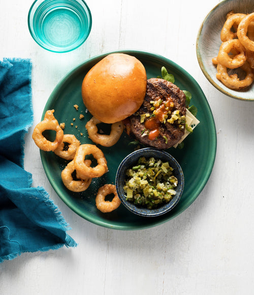 Premium Ground Beef Burgers with Gherkin Relish and Swiss Cheese