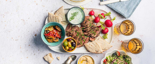Lamb Loin Fillets Mezze Platter with Couscous Salad & Grilled Vegetables