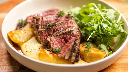 Beef Tenderloin Steaks with Creamy Polenta, Red Wine Jus and Caramelized Pears Recipe