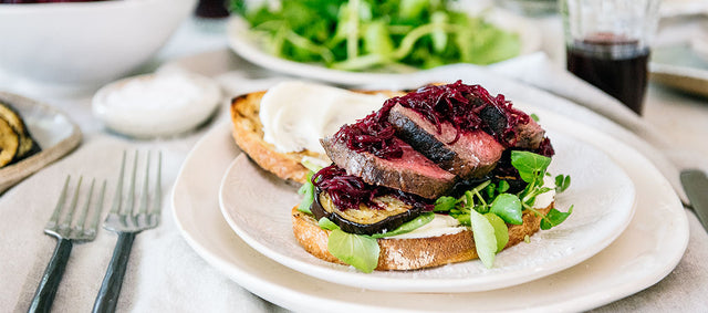 Venison Roast Sandwiches with Feta, Grilled Eggplant and Beet Relish
