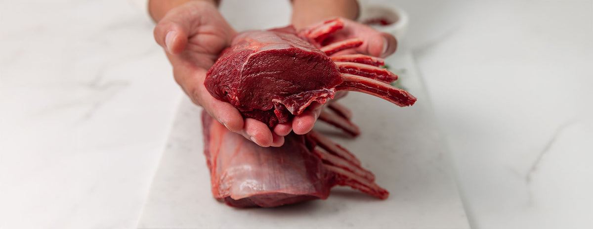 Raw venison frenched rack meat being held in hands on a white background