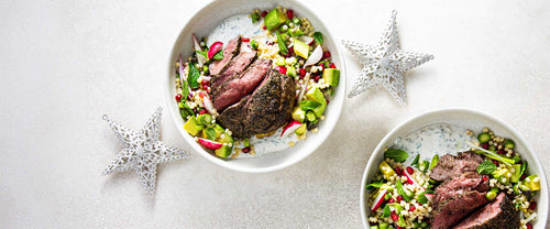 Barbecued Lamb Rump with Israeli Couscous Salad and Mint Dressing