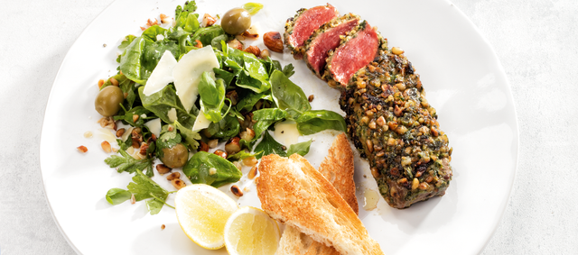 Beef Tenderloin Steaks with Italian Herb Rub and Pesto Salad