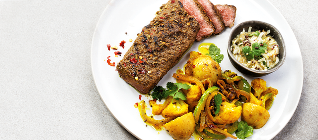 Beef Flat-Iron Steaks with Masala Potato Salad and Coconut Chutney