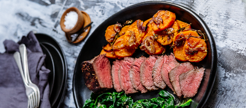 Beef with Wilted Spinach and Sweet Potato Gratin