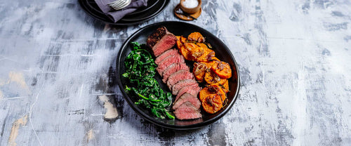 Beef with Wilted Spinach and Sweet Potato Gratin