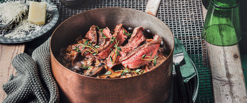 a rustic copper pot with mushroom risotto topped with medium rare top sirloin steak slices and thyme