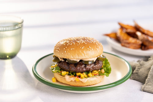Premium Ground Venison Burgers with Corn Relish and Spicy Mayonnaise