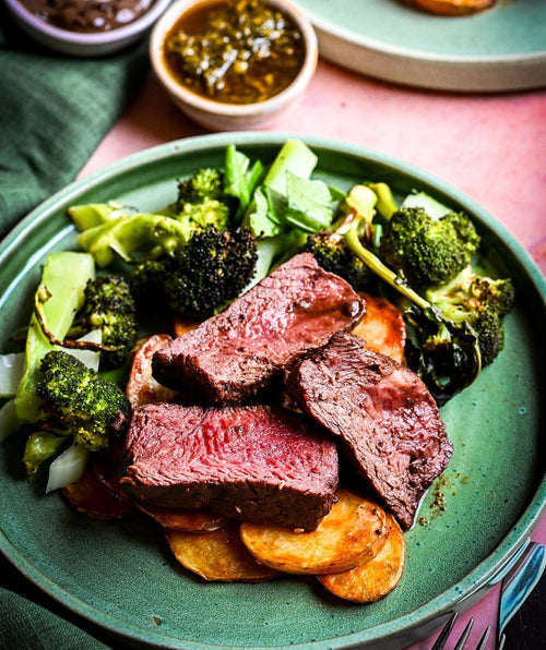 Spicy Beef Top Sirloin Steaks with Baked Potatoes, Broccoli, and Black Garlic Aioli