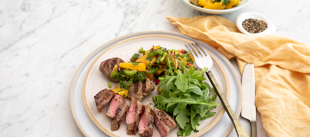 Seared Lamb Medallions with Fresh Orange, Green Olive and Herb Salsa