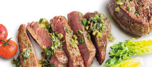 Beef Rib Eye Steak with Mediterranean Salsa, Cherry Tomatoes and Baby Potatoes