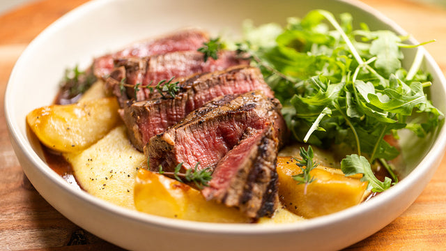 Beef Tenderloin Steaks with Creamy Polenta, Red Wine Jus and Caramelized Pears Recipe