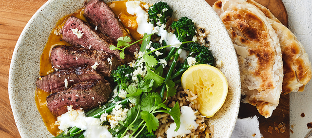 Sweet Potato and Coconut Curry with New York Strip Steaks