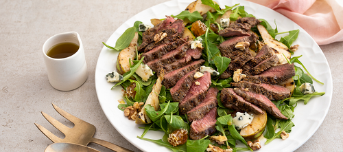 Venison Medallions with Arugula, Grilled Pear & Walnut Salad