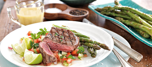 Venison Steaks with Grilled Asparagus & Creosa Salad