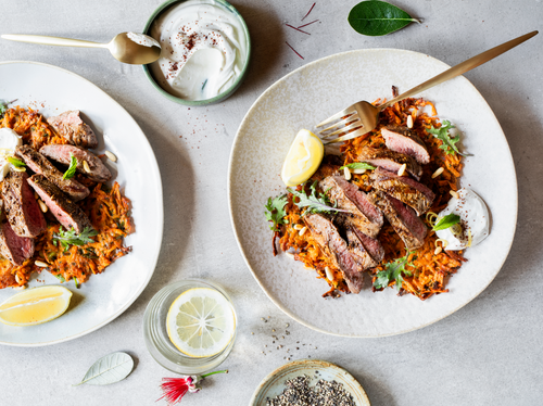 Seared Venison Steaks Sweet Potato Fritters with Tahini Yoghurt Dressing Recipe