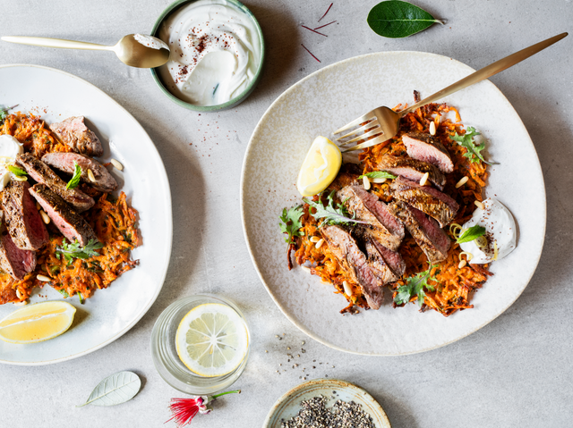 Seared Venison Steaks Sweet Potato Fritters with Tahini Yoghurt Dressing Recipe