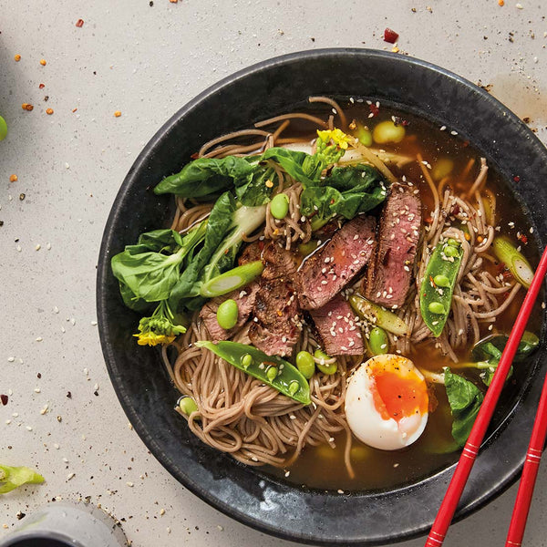 Beef Rib Eye Steak with a Soba Noodle Bowl