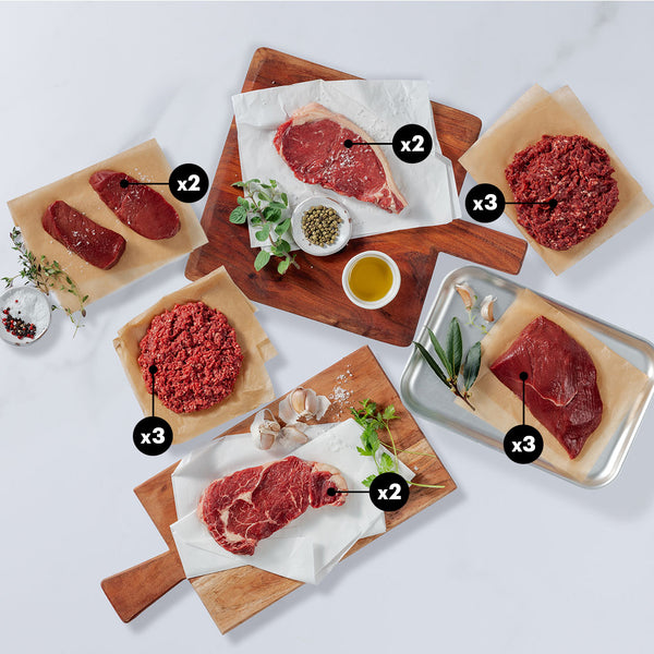 Silver Fern Farms Beef and Venison selection includes beef ribeye steak, beef New York strip steak, premium ground beef, venison steaks, venison roast, and premium ground venison