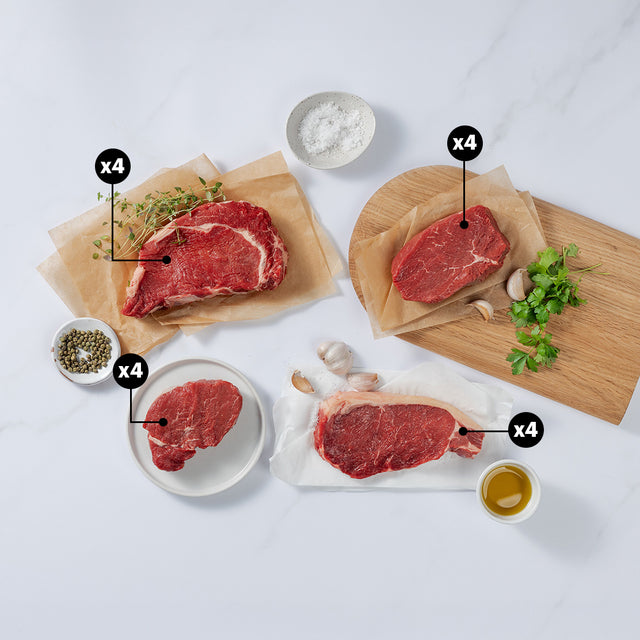 Silver Fern Farms Beef Steaks includes Rib-eye, New York Strip, Tenderloin, and Top Sirloin Steaks with x4 blurb each