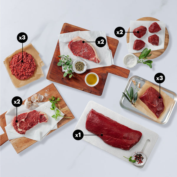 Assorted cuts of beef and venison meat on cutting boards with labels on a white background