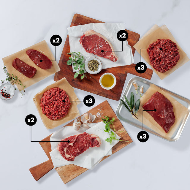 Silver Fern Farms Beef and Venison selection includes beef ribeye steak, beef New York strip steak, premium ground beef, venison steaks, venison roast, and premium ground venison