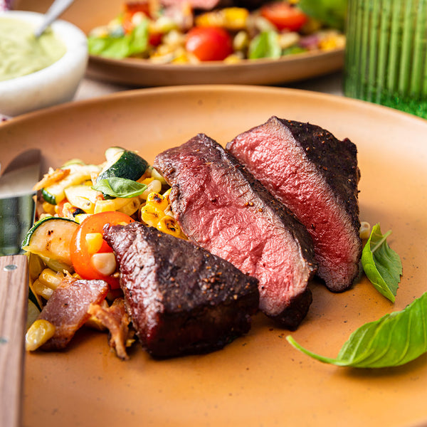 Grilled Succotash and Venison Steak Salad with Avocado Crema