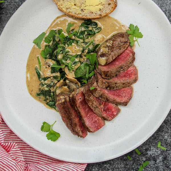 New York Strip Steaks in Spinach & Mushroom Sauce