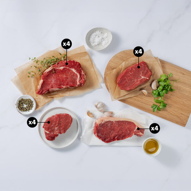 Silver Fern Farms Beef Steaks includes Rib-eye, New York Strip, Tenderloin, and Top Sirloin Steaks with x4 blurb each