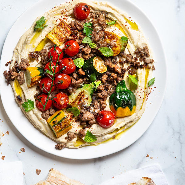 Hummus Bowl with Zucchini and Spiced Lamb with Silver Fern Farms Premium Ground Lamb