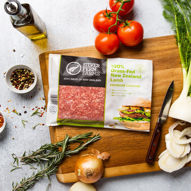 Silver Fern Farms Premium Ground Lamb Packet on chopping board with other ingredients at the side