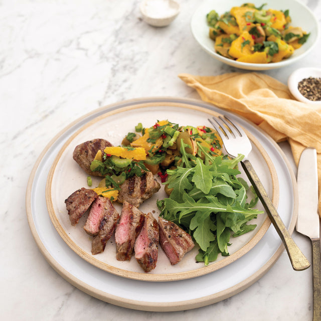 Seared Silver Fern Farms Lamb Medallions with Fresh Orange, Green Olive and Herb Salsa
