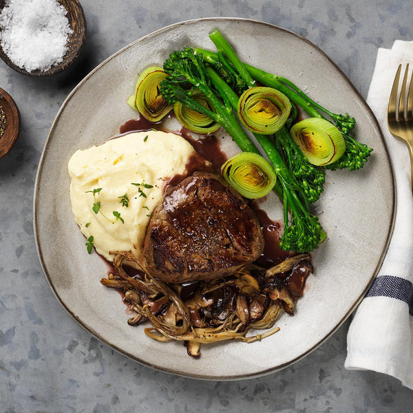 Seared Tenderloin with Mushroom Red Wine Jus and Parsnip Puree