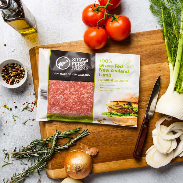 Silver Fern Farms Premium Ground Lamb Product Pack placed on board with ingredients