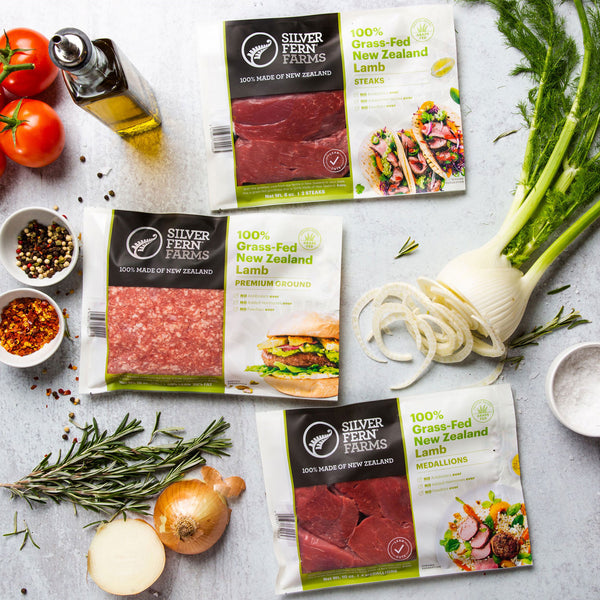 Silver Fern Farms Lamb Steaks, Premium Ground Lamb, and Lamb Medallions product packs.