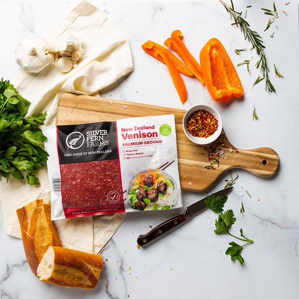 SIlver Fern Farms Premium Ground Venison Product Pack with ingredients at the side