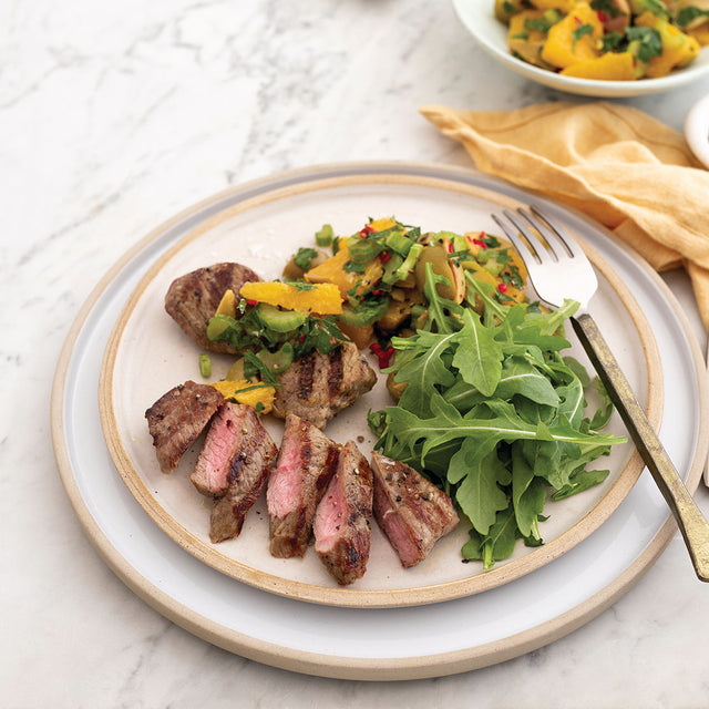 Seared Silver Fern Farms Lamb Medallions with Fresh Orange, Green Olive and Herb Salsa