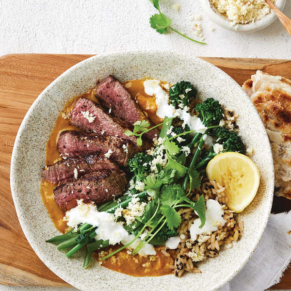 Sweet Potato and Coconut Curry with New York Strip Steak