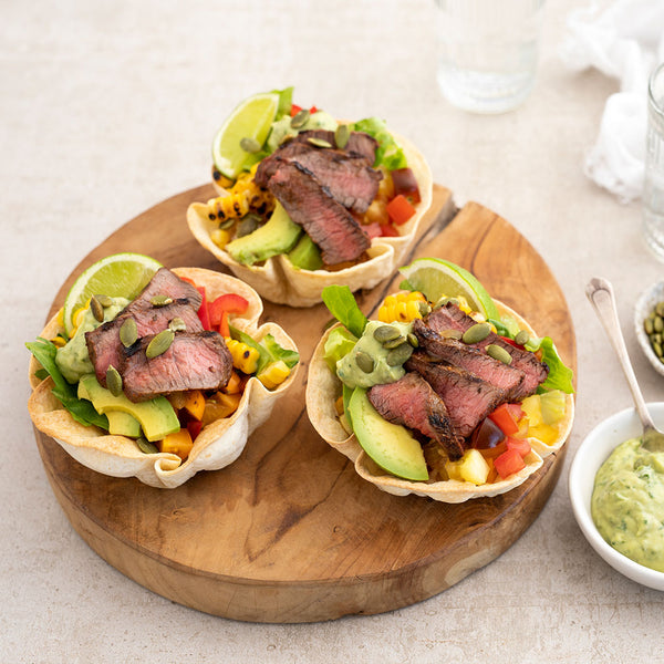 Venison Medallions Taco Salad Bowls with Avocado & Corn