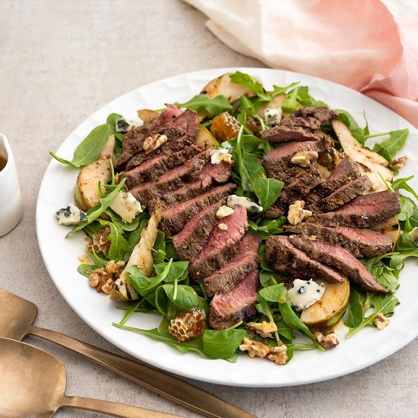 Venison Medallions with Arugula, Grilled Pear & Walnut Salad