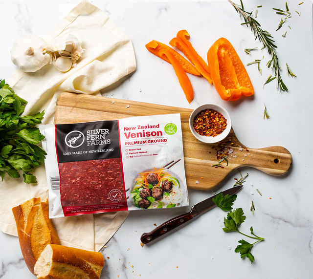 Silver Fern Farms Premium Ground Venison packet with ingredients at the side